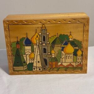Vintage Russian Folk Art Hand Carved, Painted Wooden Box With Original Paperwork